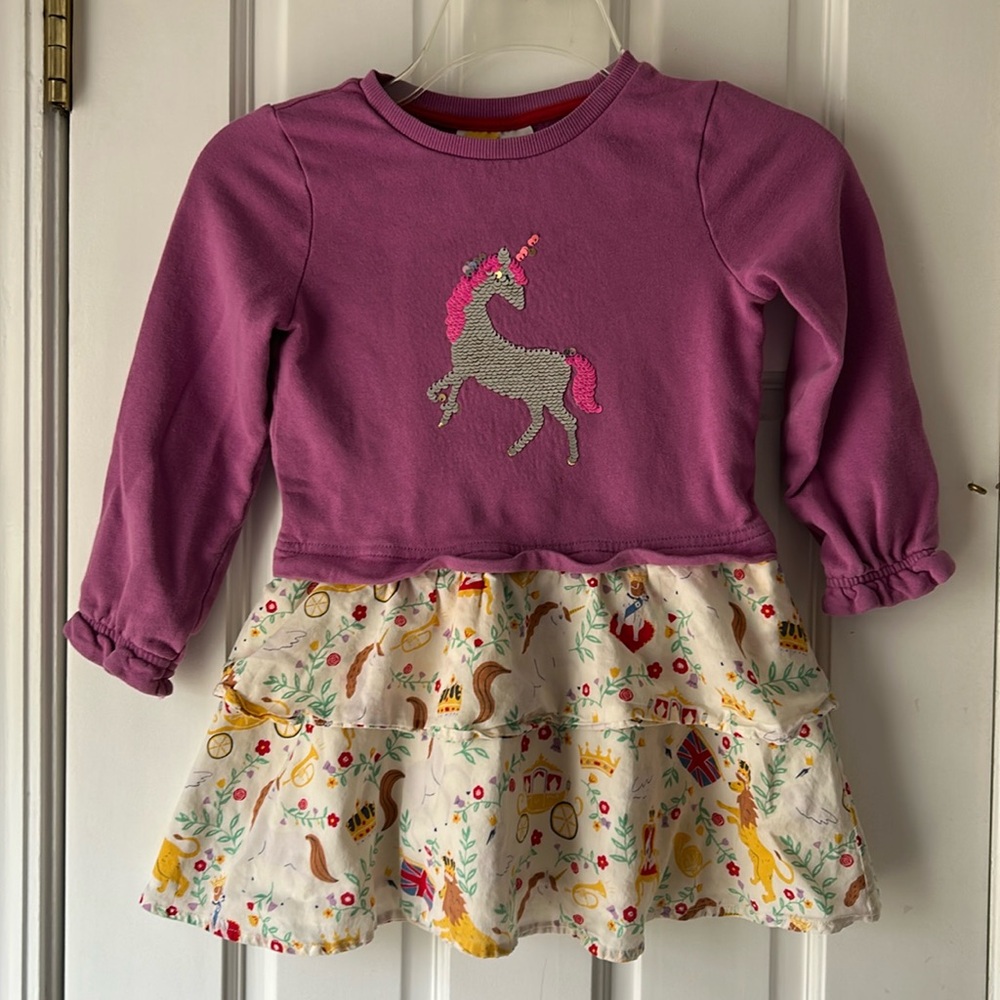 Mini Boden Flip Sequin Unicorn Dress Royal Long Sleeve Purple Girls Size 5/6Y